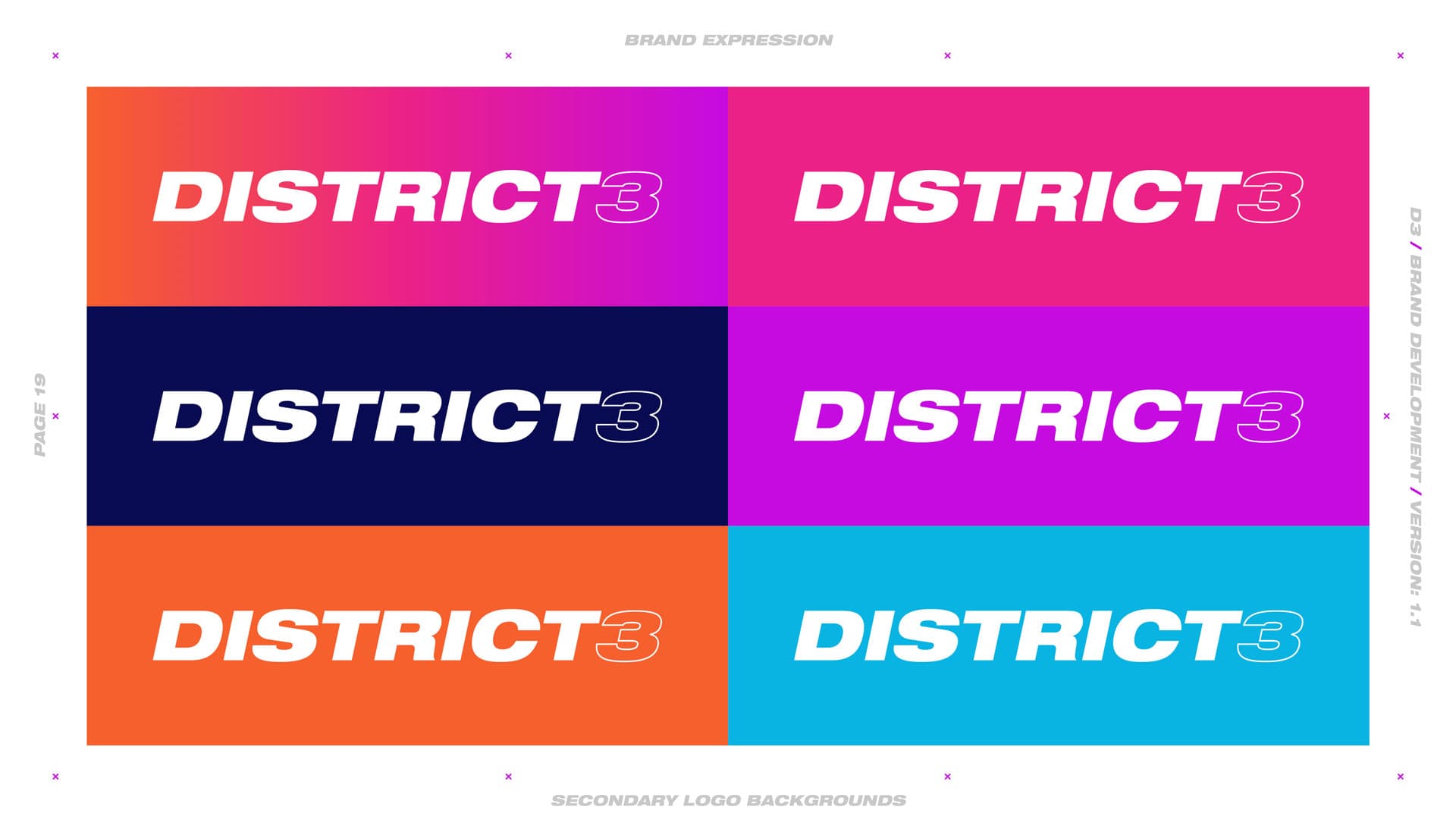 District 3 brand expression — secondary logo colour backgrounds