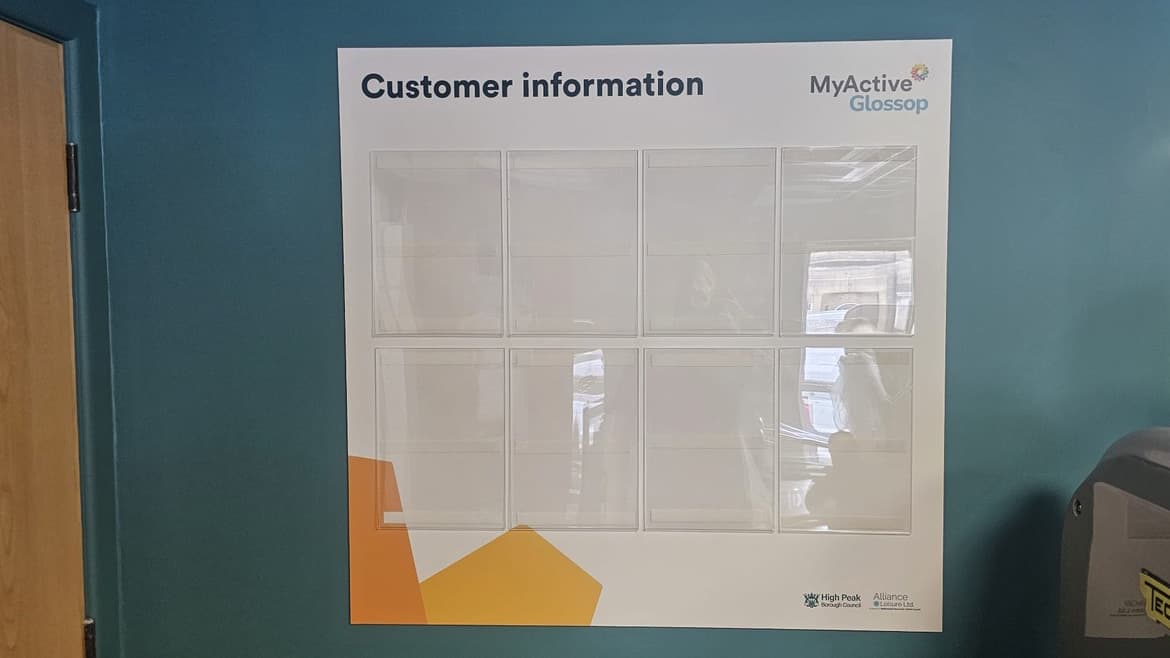 Branded MyActive Glossop customer information noticeboard