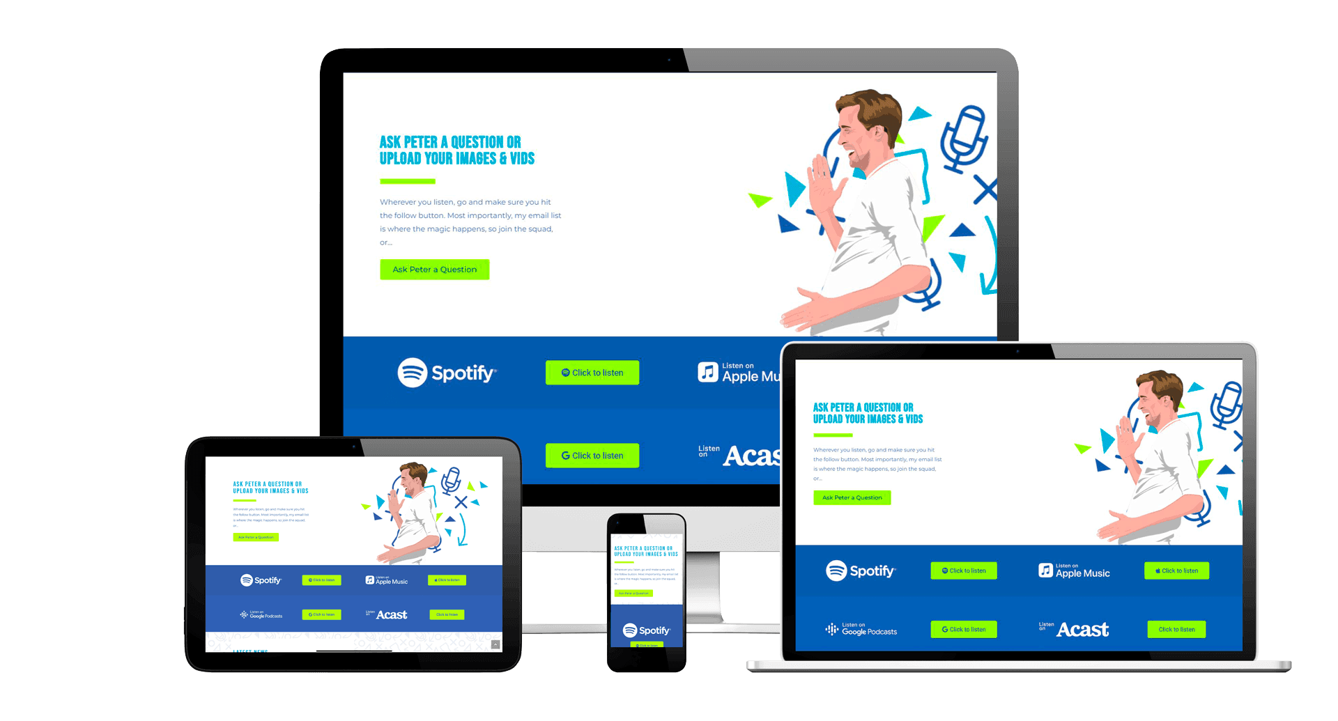 Responsive device mockup showing the Peter Crouch Podcast website across desktop, laptop, tablet and mobile