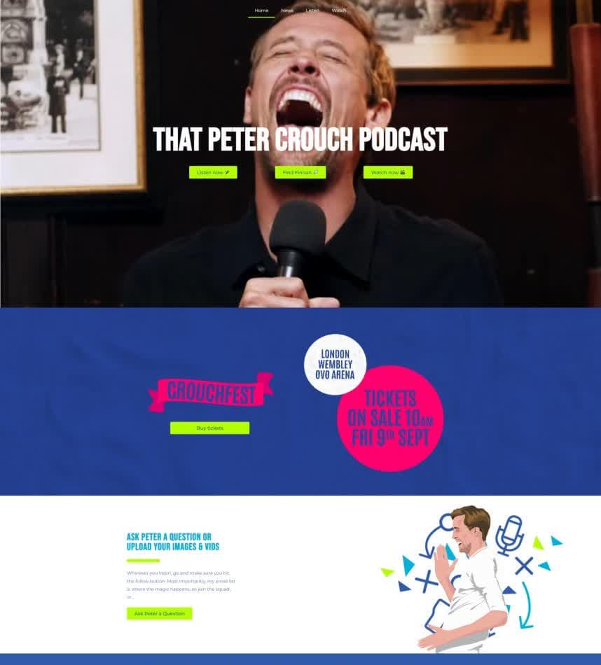 Peter Crouch Podcast website showing video hero banner, Crouchfest event section and Ask Peter a Question mailing list form