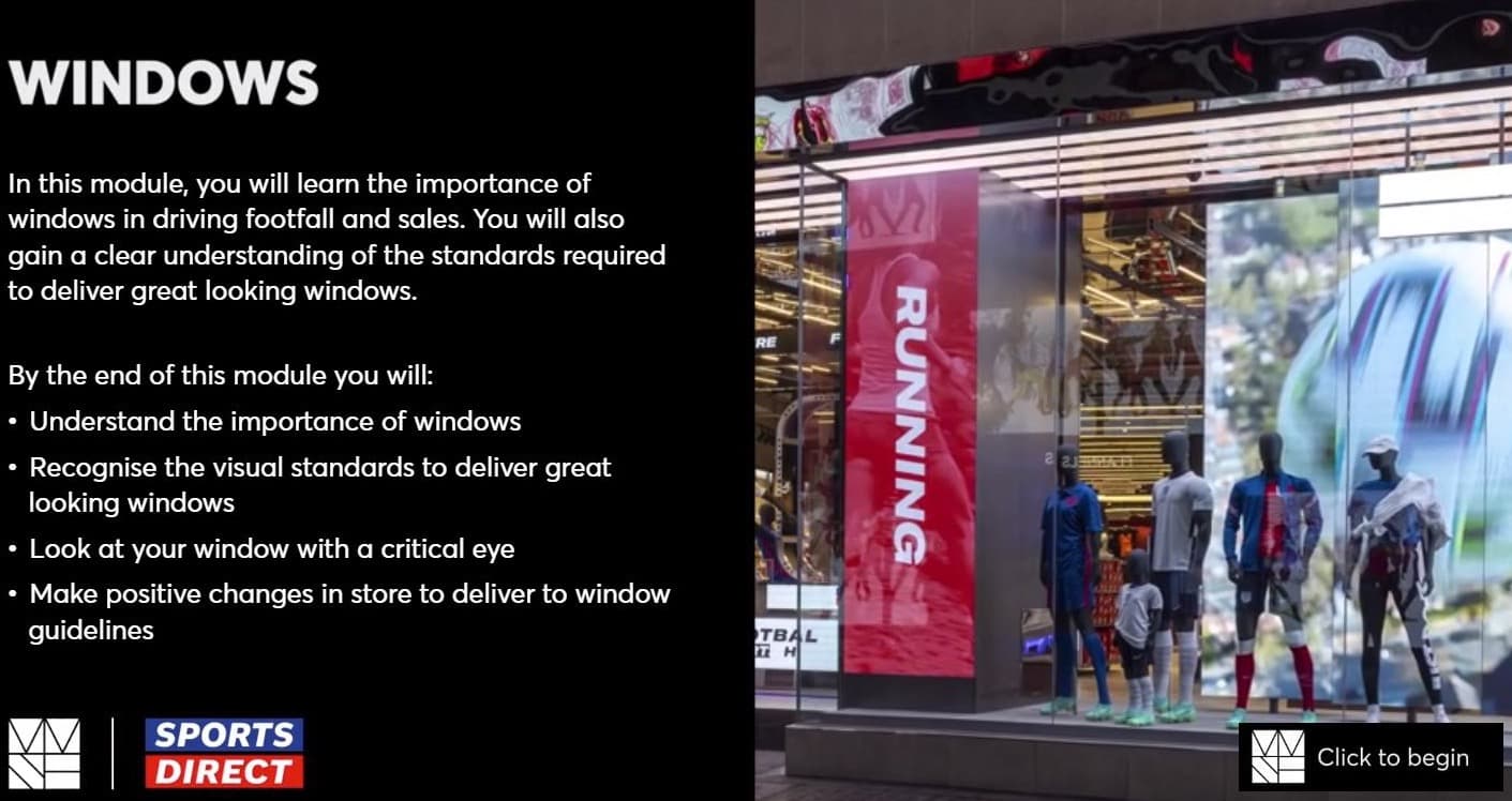 Sports Direct VMS Windows module intro slide showing learning objectives