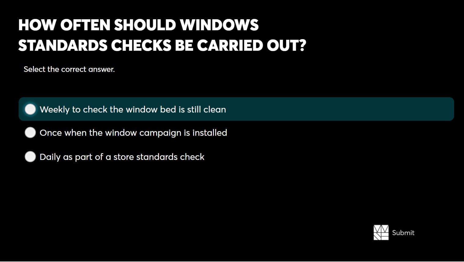 E-learning quiz slide asking how often window standards checks should be carried out