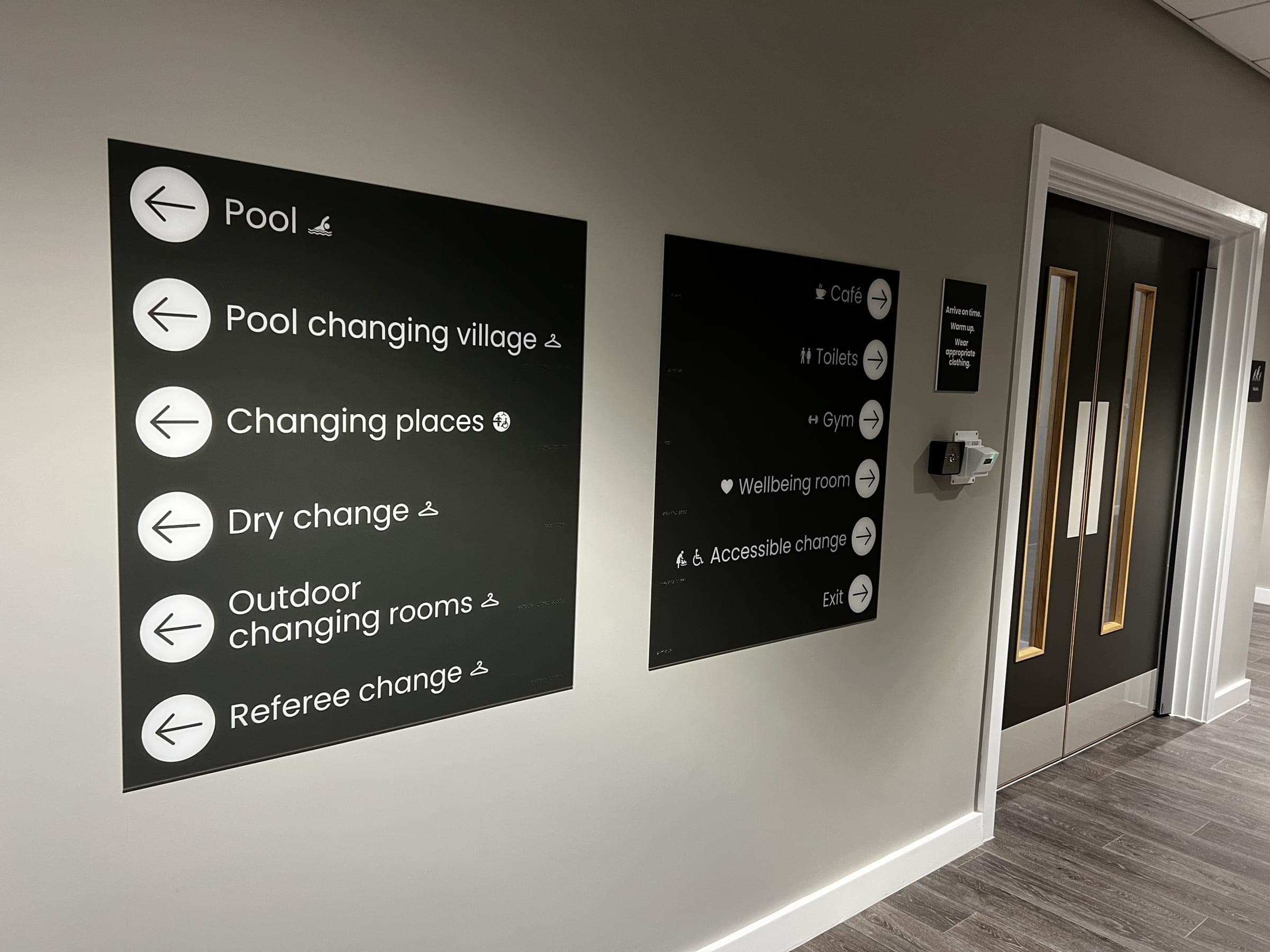 Directional wayfinding panels covering pool, changing village, dry change and accessible facilities