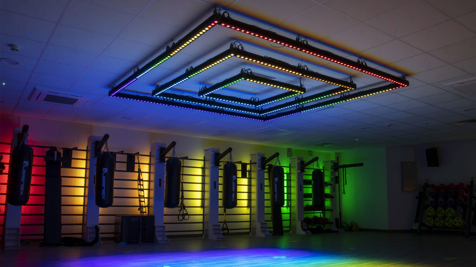 Boxing gym interior with multicolour RGB LED lighting from suspended ceiling rig over punch bags