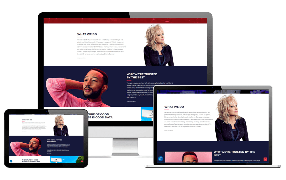 Responsive device mockup showing the TDS website across desktop, laptop, tablet and mobile