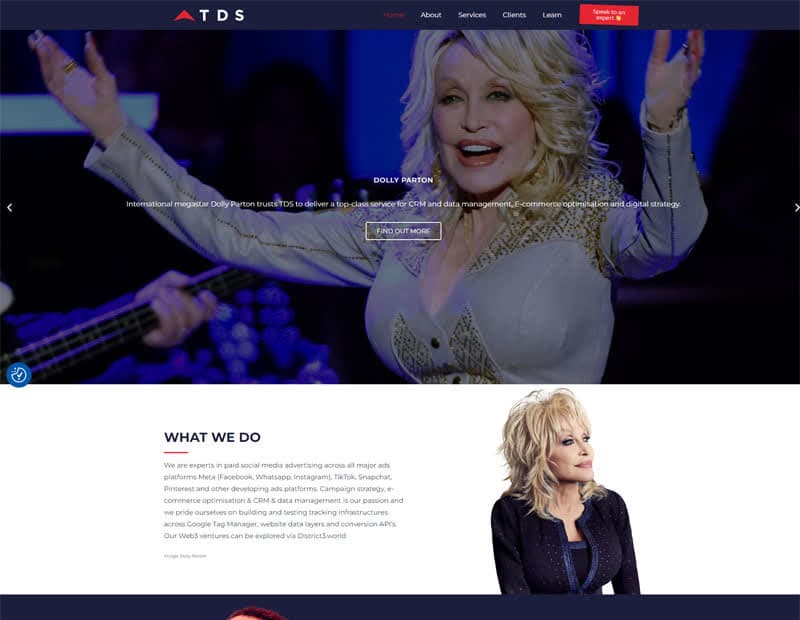 TDS homepage hero with Dolly Parton full-bleed portrait and trust statement, followed by What We Do section