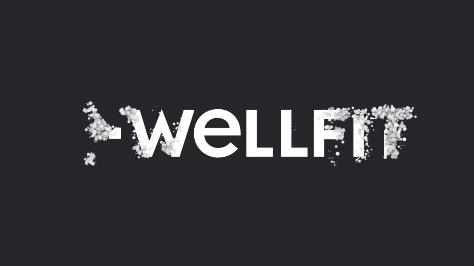Wellfit wordmark with particle-dispersion effect on dark background